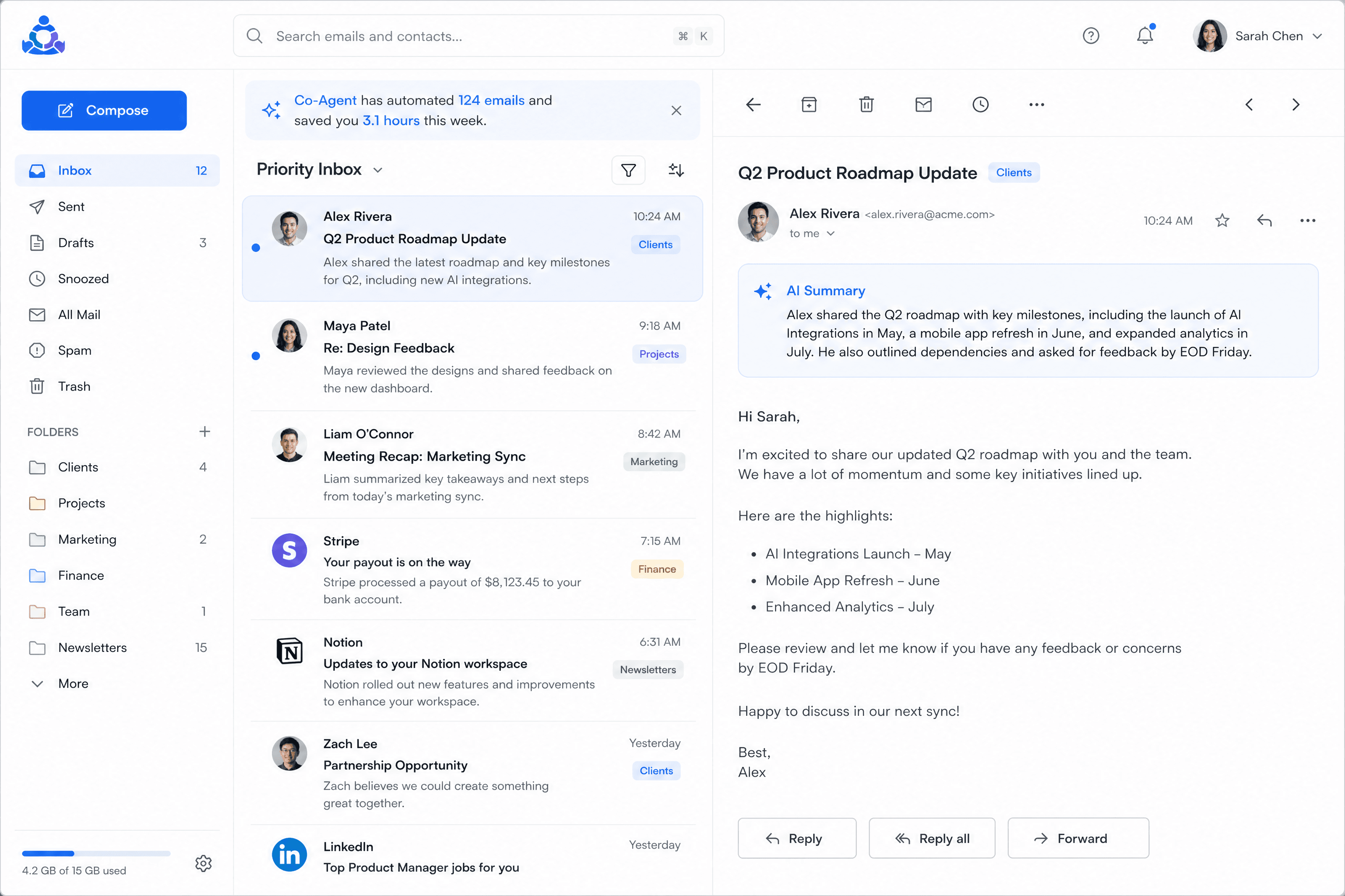 Dashboard of the InboxCoagent app showing a prioritized inbox with AI-generated summaries for each email.